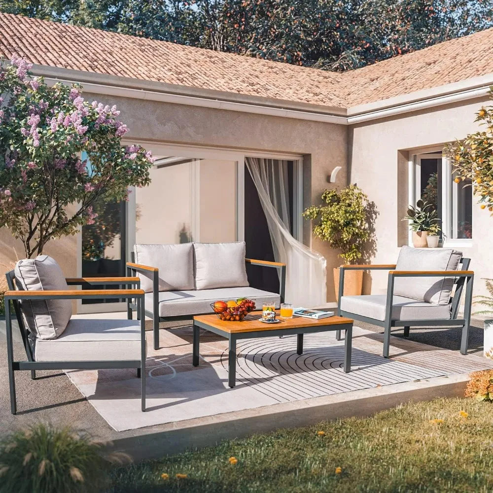 2025new-Solid Wood 4-Piece Patio Lounge Set with Waterproof Cushions and Durable Armrests