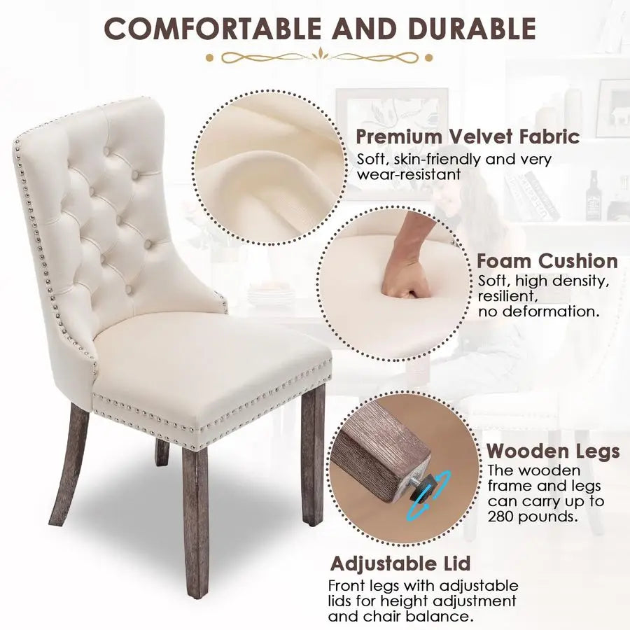 Velvet Dining Chairs Set of 4, Upholstered Dining Room Chairs with Ring Pull Trim and Button Back, Luxury Tufted Dining Chair fo