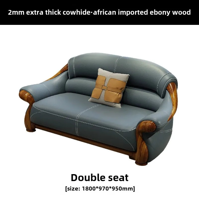 Solid wood sofa combination, first-layer cowhide sofa, ebony wood leather sofa