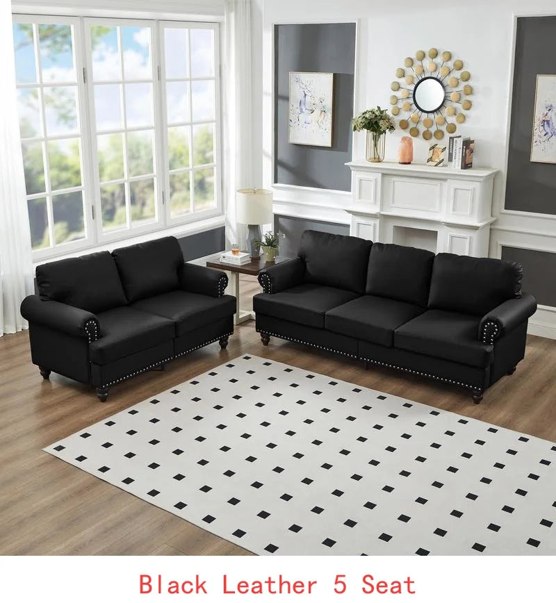 Modern Classic Design 2+3 Seater Loveseat & Sofa Leather Couch, Upholstered Imitation Cowhide Leather in Brown