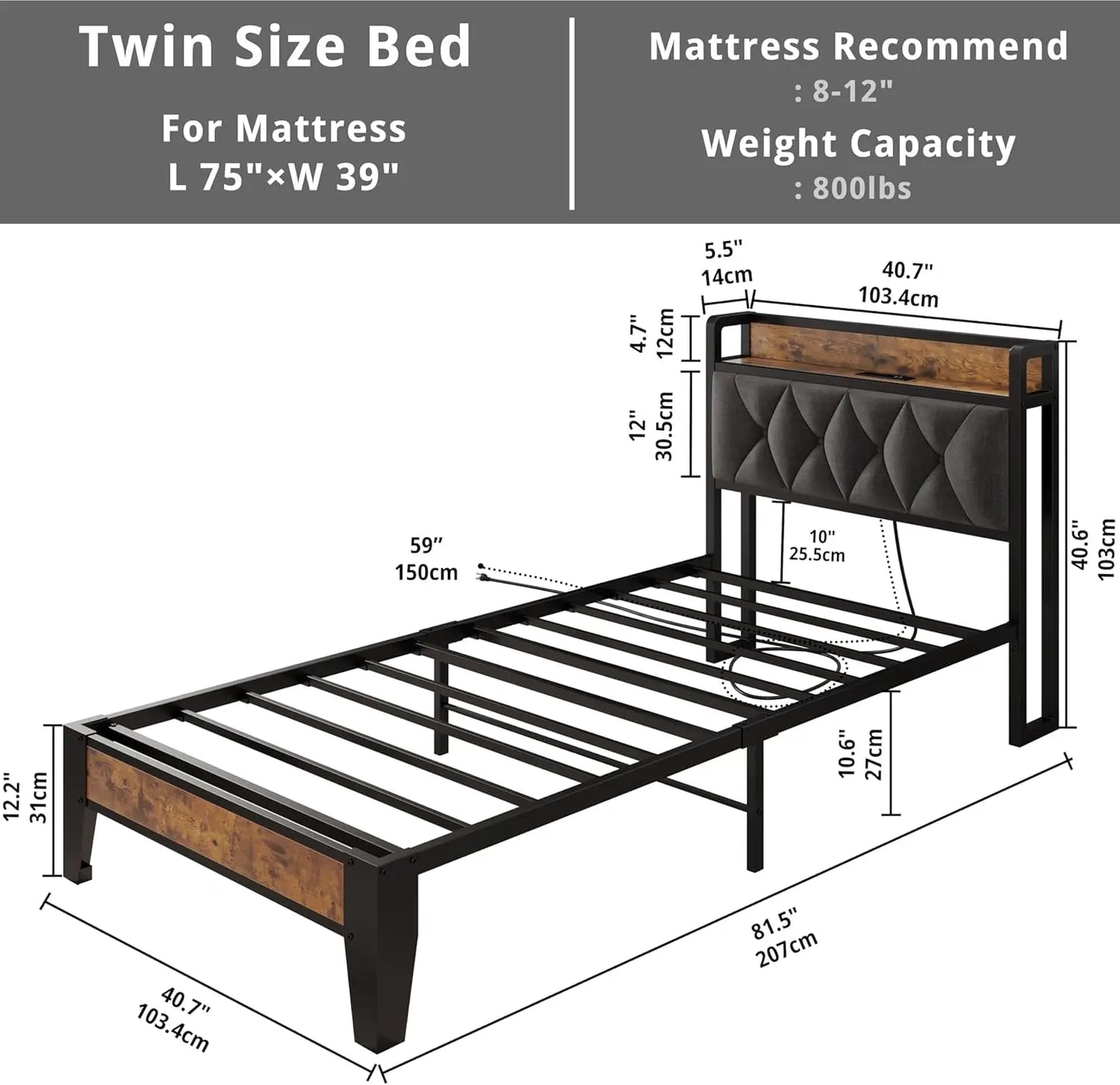ANCTOR Twin/TwinXL/Full/Queen/King/CaliforniaKing Bed Frames, Storage Headboard with Outlets, No Noise, No Box Springs Needed