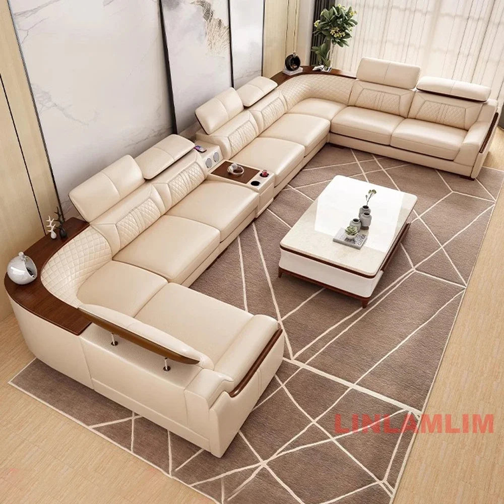 Modern U-Shaped Sectional Sofa Set with Chaise Lounge, Genuine Leather Couch with Storage Table, USB – Big Living Room Furniture