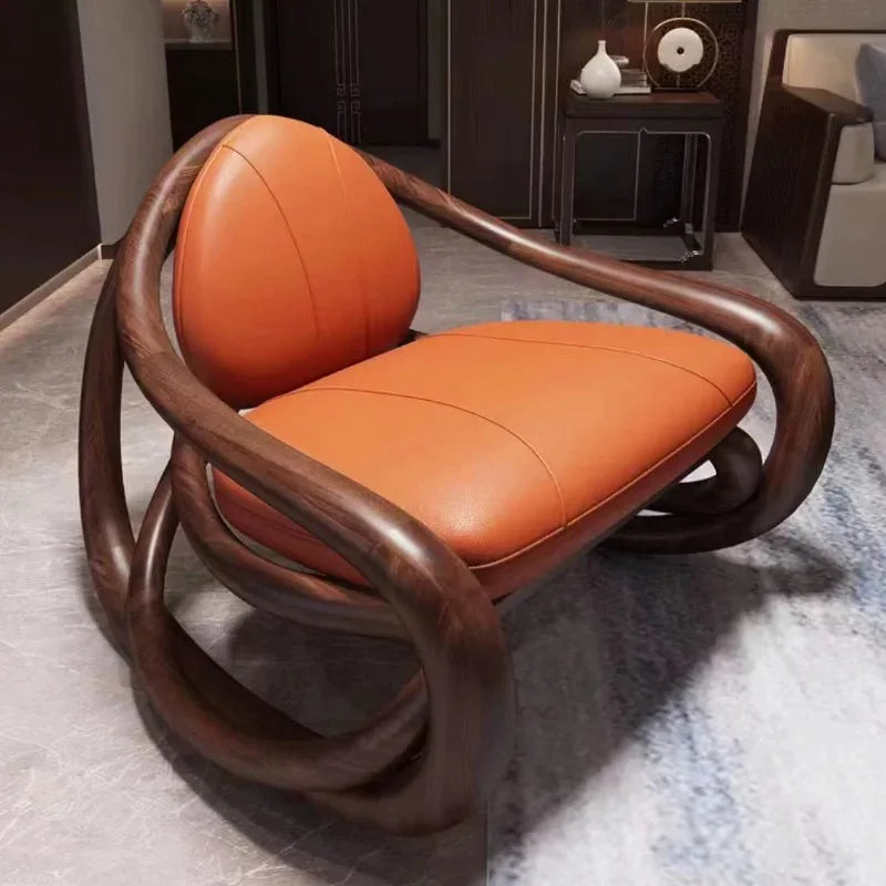Black walnut leather balcony lazy chair villa living room leisure solid wood rocking chair
