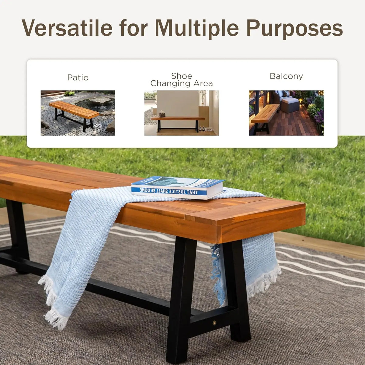 63in Acacia Wood Backless Outdoor Bench for 3, Oil Finished Patio Garden Porch Yard Furniture, Customized