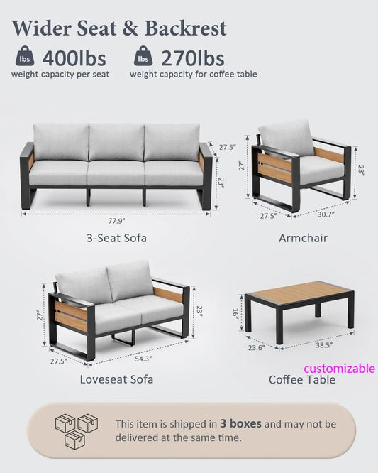 Aluminum Outdoor Patio Furniture - 2 Pcs Armchair, All-Weather Metal Modern Outside Furniture with Washable Thick Cushion