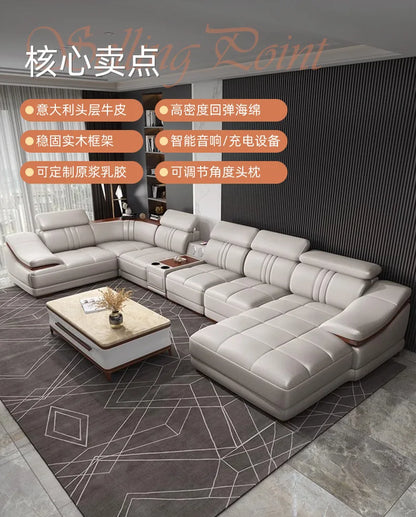 Simple modern leather sofa first layer cowhide living room large corner full set of light luxury leather sofa combination