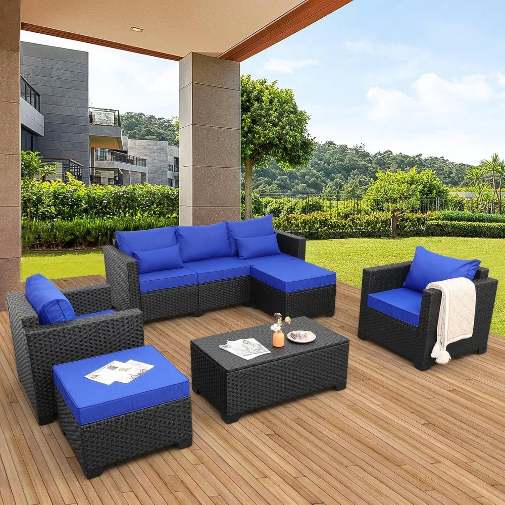 Outdoor Patio Wicker Furniture Set with 6 Pieces, PE Rattan, Conversation Couch, Sectional Sofa, Royal Blue Cushions