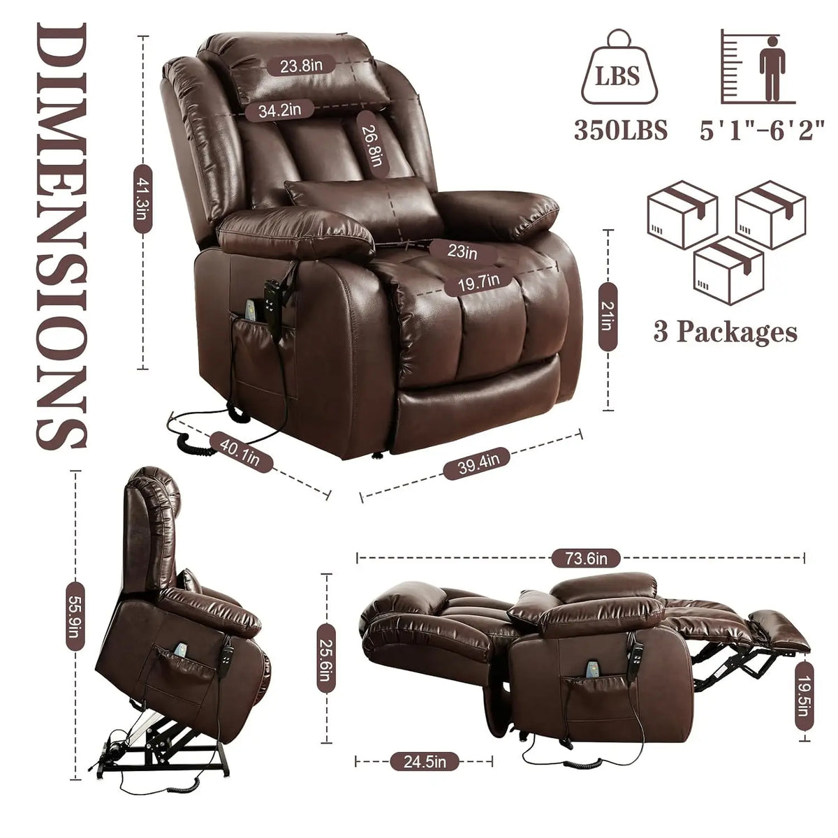 Infinite Position Lay Flat Power Lift Recliner Chair for Elderly, Brown, Customized