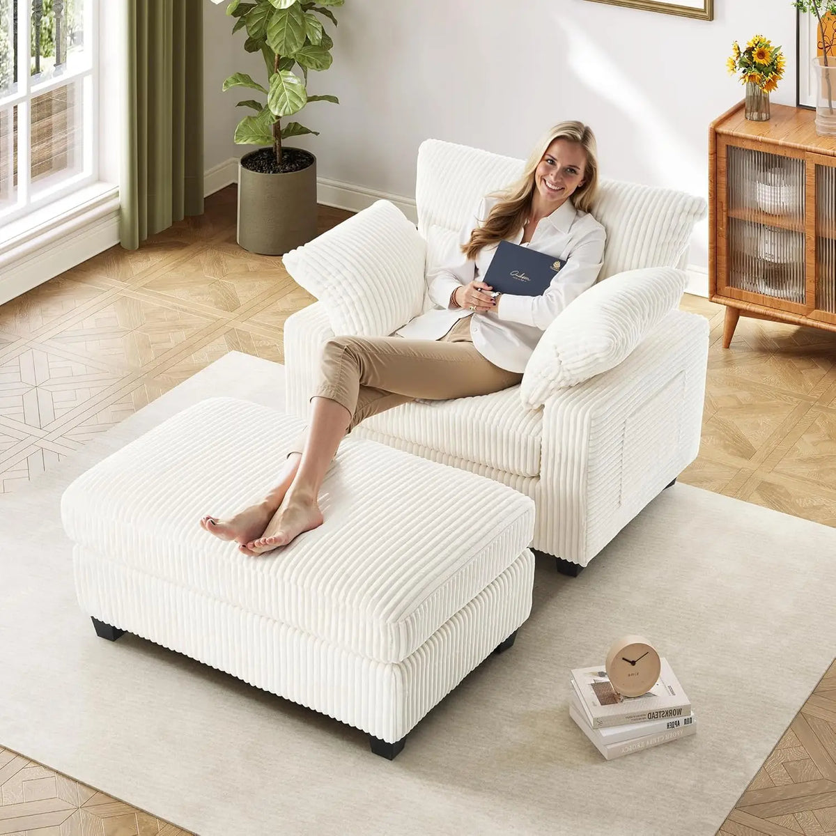 Indoor Chaise Lounge Chair, 57.52 “D Recliner, Corduroy Fabric + Upholstered Comfort Sofa for Living Room, Bedroom, Office