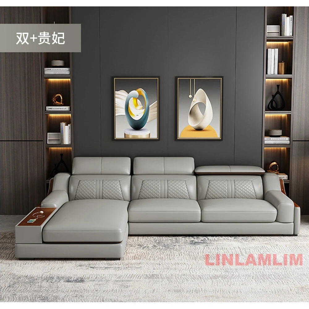 Modern U-Shaped Sectional Sofa Set with Chaise Lounge, Genuine Leather Couch with Storage Table, USB – Big Living Room Furniture