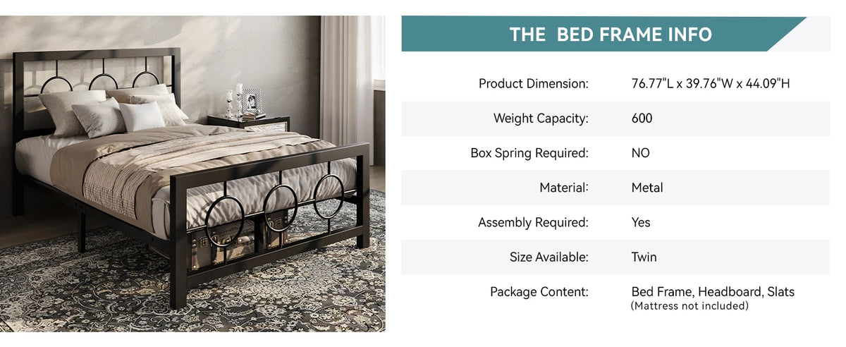HOOMIC Metal Platform Bed Frame with Vintage Circular Design Headboard and Footboard, Extra Under-Bed Storage Allewie