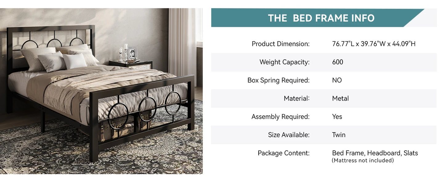 HOOMIC Metal Platform Bed Frame with Vintage Circular Design Headboard and Footboard, Extra Under-Bed Storage Allewie