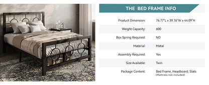 HOOMIC Metal Platform Bed Frame with Vintage Circular Design Headboard and Footboard, Extra Under-Bed Storage Allewie