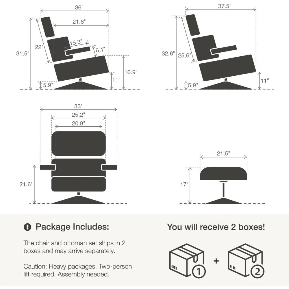 Top Grain Leather, Mid Century Chaise Lounge Chair and Ottoman, Modern Chair Classic Design, Heavy Duty Base Support for Living