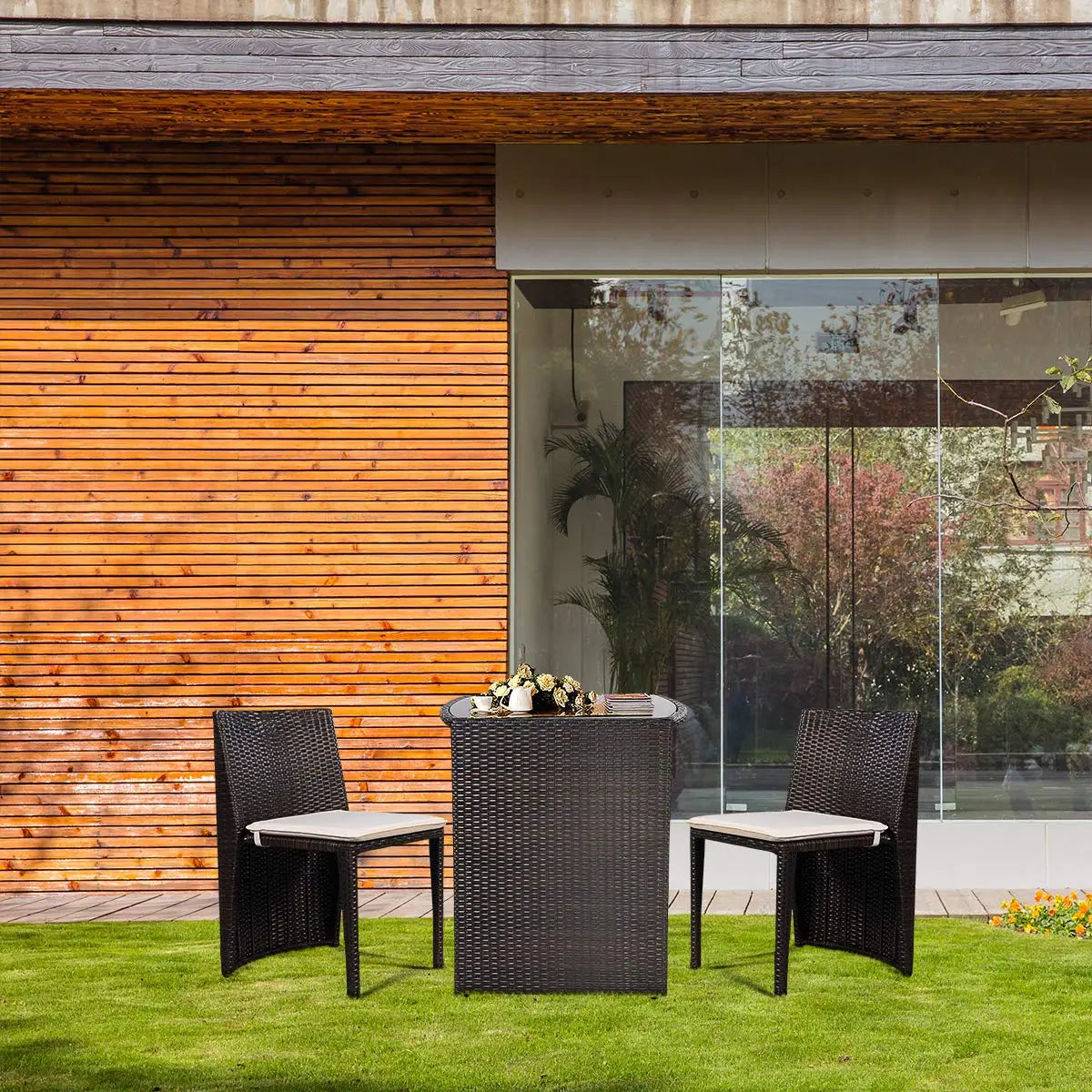 Wicker Bistro Set, 3 Piece Rattan Patio Furniture Set w/Tempered Glass Dining Table and Cushions, Conversation Bistro Sofa Set f