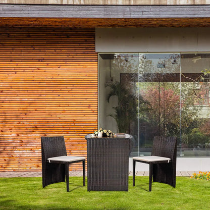 Wicker Bistro Set, 3 Piece Rattan Patio Furniture Set w/Tempered Glass Dining Table and Cushions, Conversation Bistro Sofa Set f