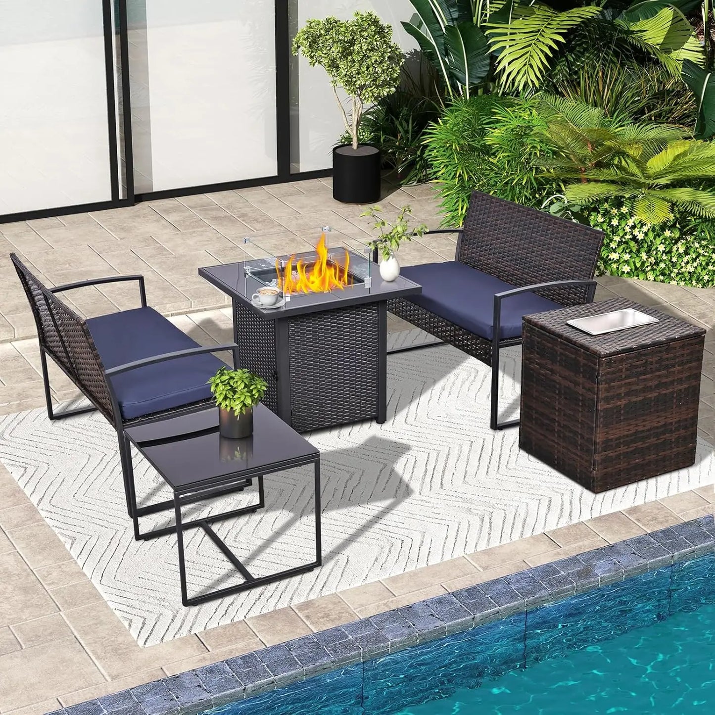 4 Piece Outdoor Patio Furniture Set with Built-in Beverage Cooler Storage Box, Wicker Conversation Sets Patio Outdoor Loves