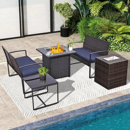 4 Piece Outdoor Patio Furniture Set with Built-in Beverage Cooler Storage Box, Wicker Conversation Sets Patio Outdoor Loves
