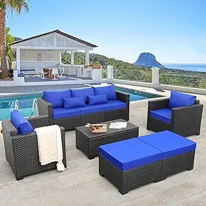 Outdoor Patio Wicker Furniture Set with 6 Pieces, PE Rattan, Conversation Couch, Sectional Sofa, Royal Blue Cushions