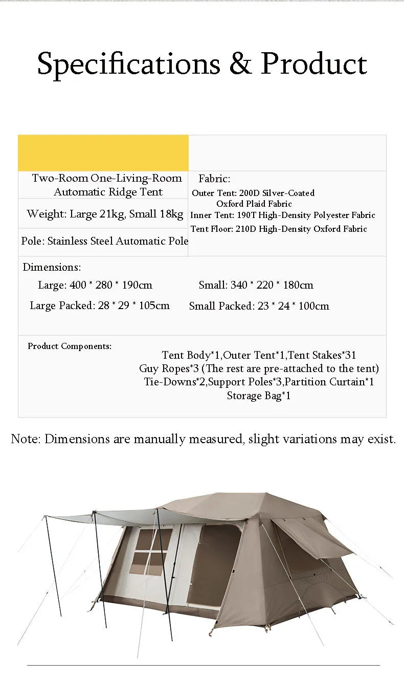 Cabin Tent 2 Room Large Family Camping Tent Automatic Quick Setup Waterproof UV Protection Outdoor 4 Season Ridge Tent