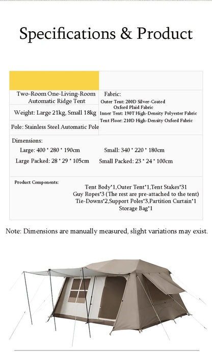 Cabin Tent 2 Room Large Family Camping Tent Automatic Quick Setup Waterproof UV Protection Outdoor 4 Season Ridge Tent