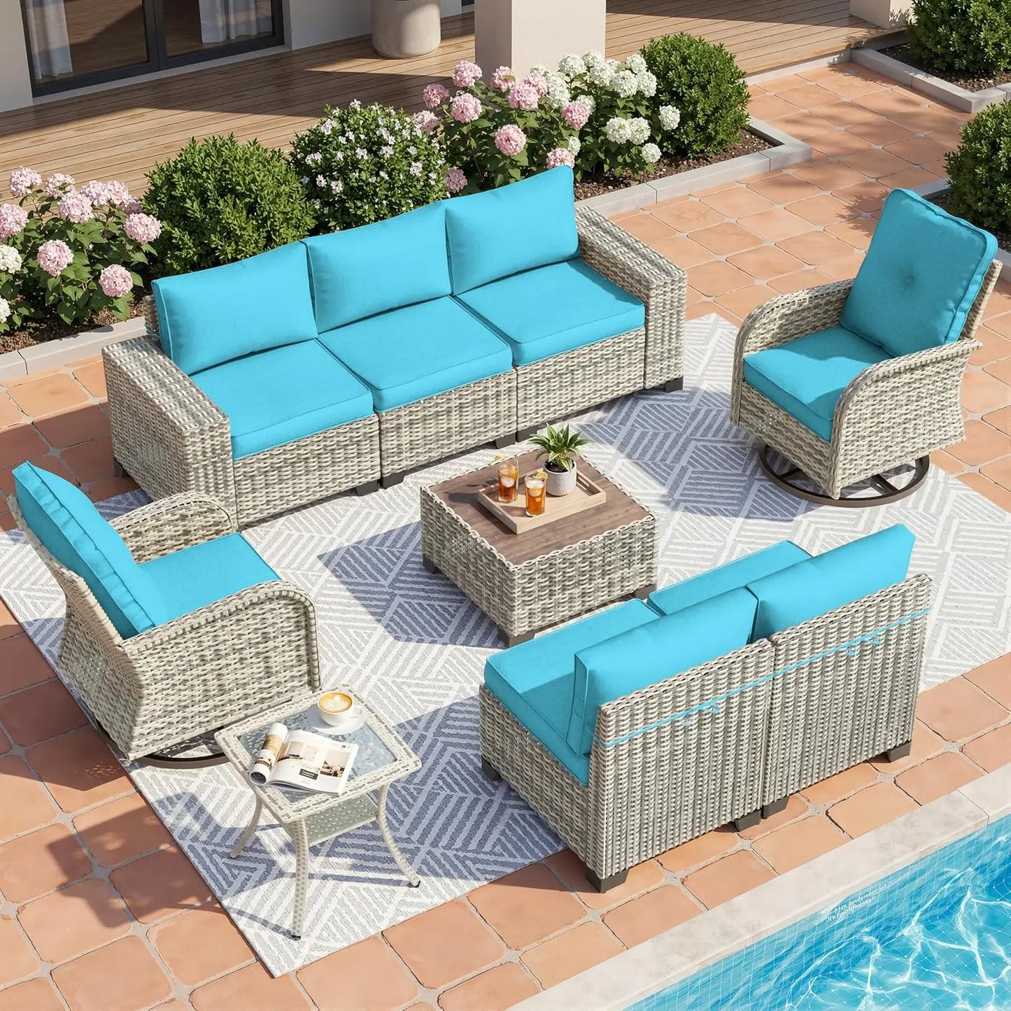 9-Piece Outdoor Patio Furniture Set with Rocking Swivel Chair Wicker Sectional Sofa Set, Patio Conversation Set, Customized