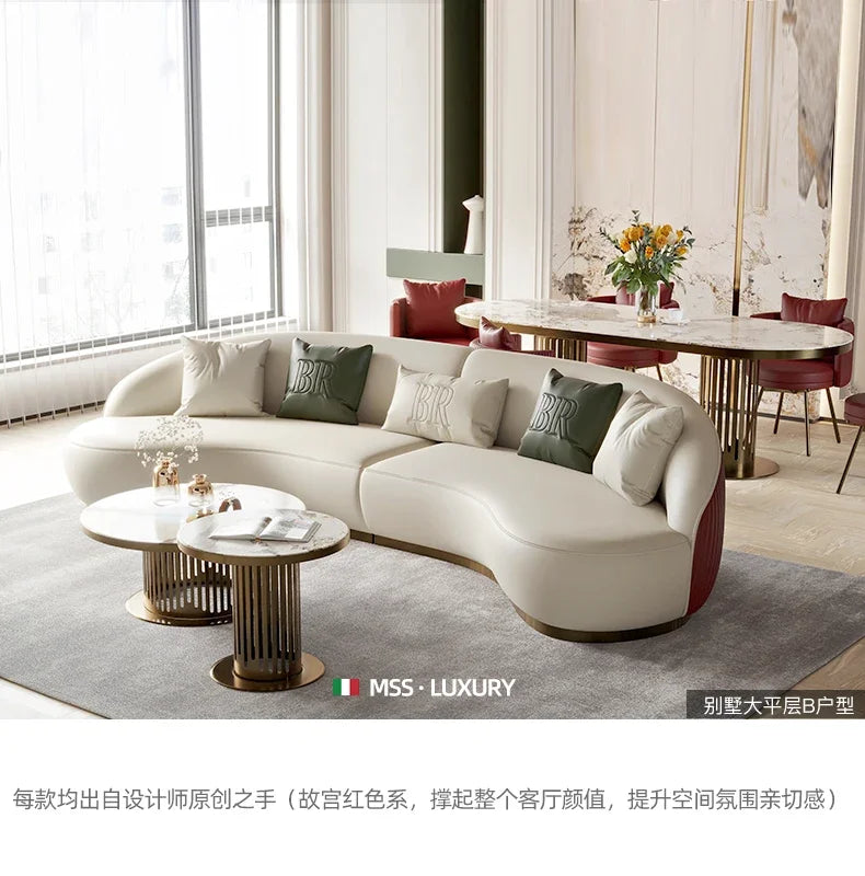 Two-color U-shaped villa leather sofa, modern light luxury semi-curved sofa