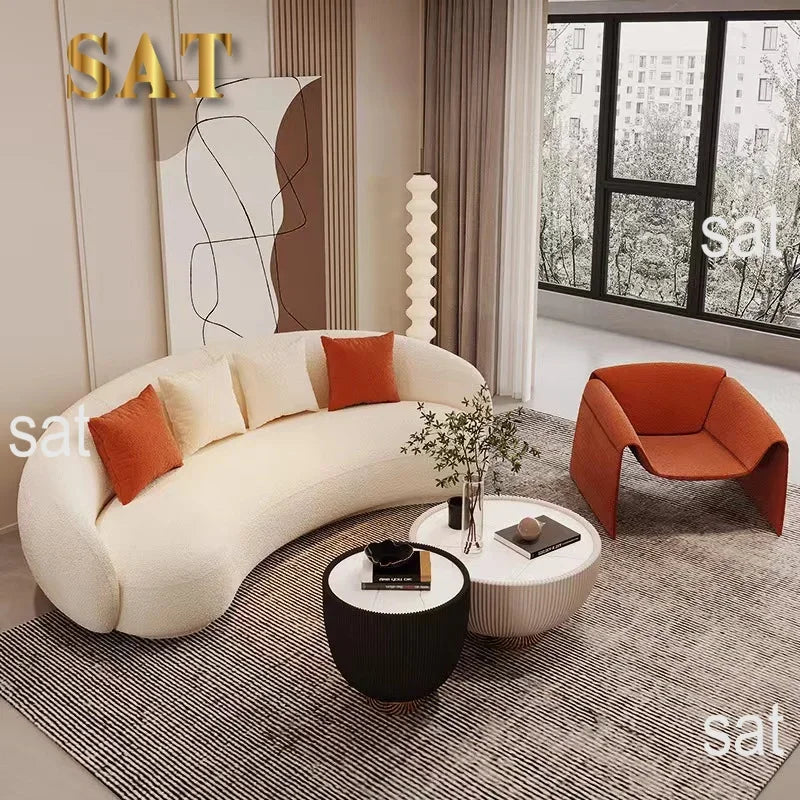 A Modern Furniture Comfort White Half Moon Round Couch Living Room Lounge Couches 3 Seater Velvet Fabric Curved Sofa for Home