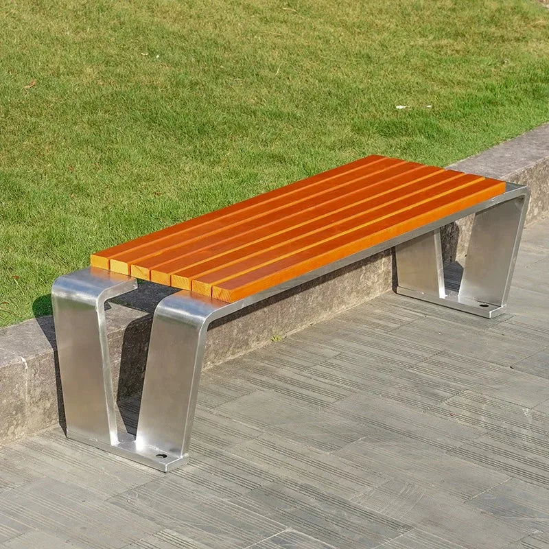 Banc de jardin extérieur moderne en acier inoxydable, chaise populaire, sièges d'entrée et de parc sans dossier, finition bois, offre spéciale