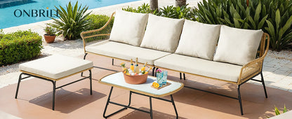4-Piece Outdoor Sectional Set, Wicker Patio Couch Sets and Glass Coffee Table, L-Shaped Waterproof Olefin Fabric Outdoor Sofa