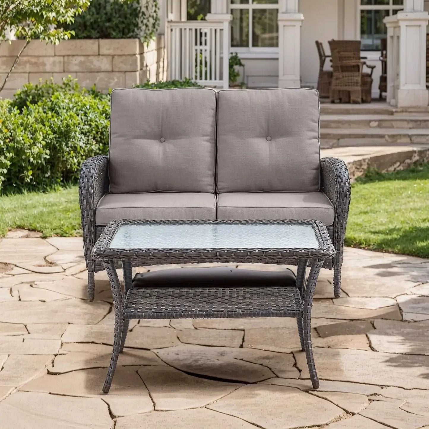Outdoor Loveseat Sofa 2-Seat PE Wicker Outdoor Couch with Coffee Table,Deep Seat High Back Outdoor Patio Furniture for Patio