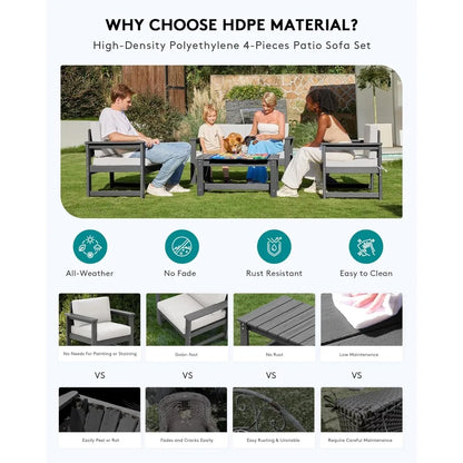 5 Pieces HDPE Outdoor Sofa Set with Cushions, All Weather Use Patio Conversation Couch Loveseat Furniture with Coffee Table for