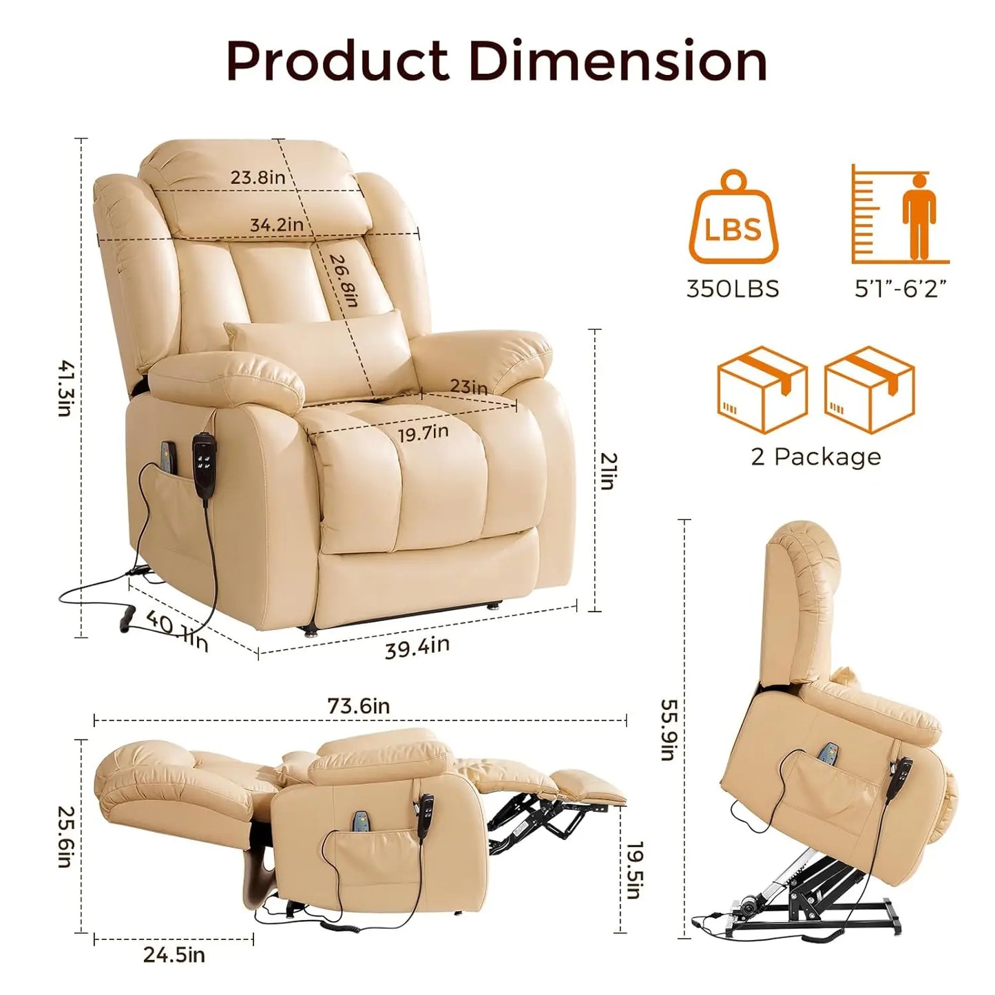 Power Lift Recliner Chair with 8-Point Massage & Heat, Dual Remote, USB/Type-C Ports, Easy-Clean Leather, Width, Customized