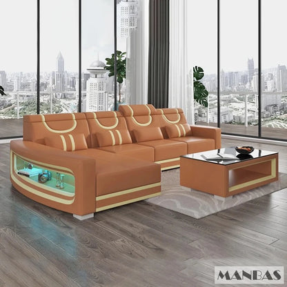 Upgrade Your Living Room with MANBAS Italian Genuine Leather Sofa - 2 Colors Combination, LED Light & Soft Cushions