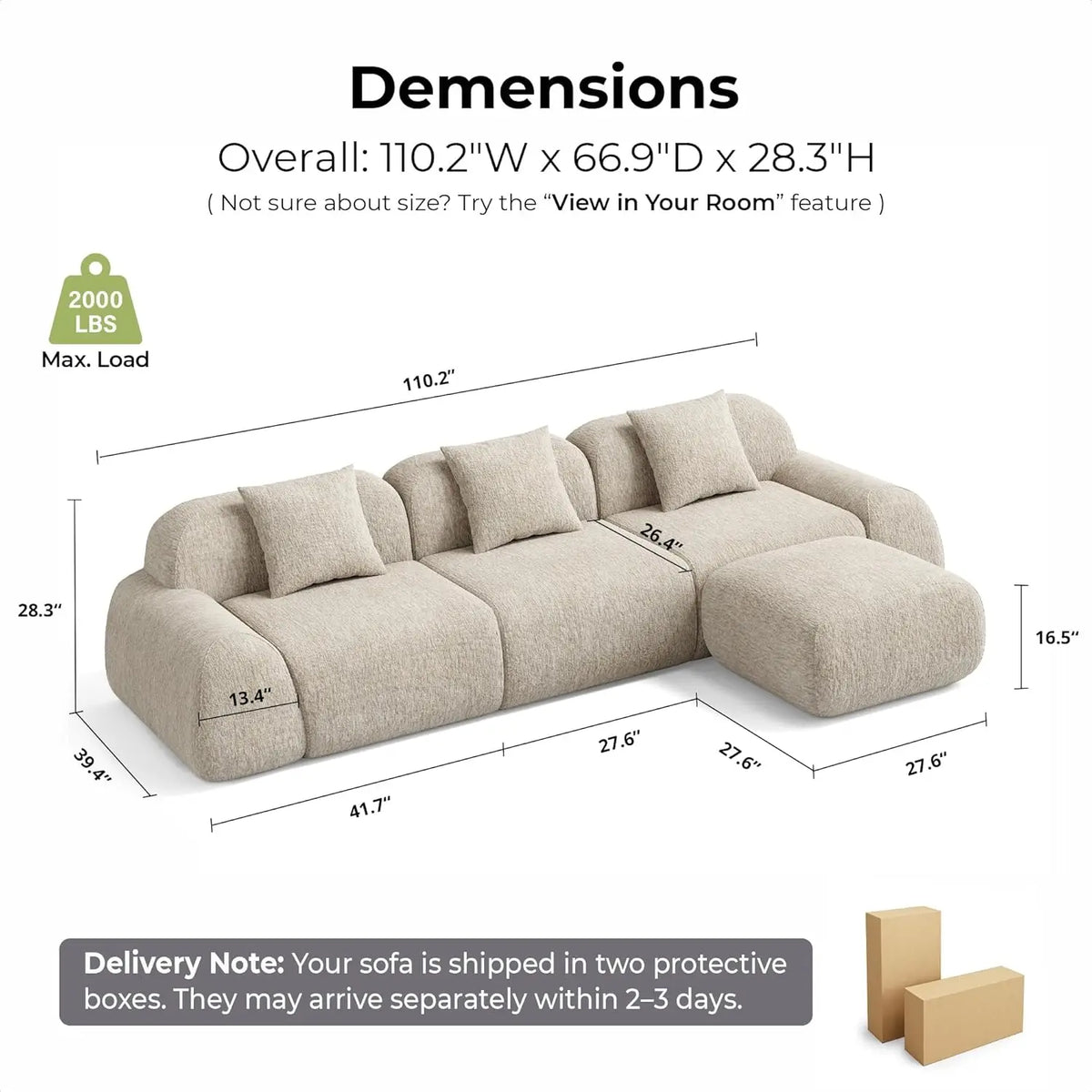 Modular Sectional Sofa Ottoman 110in L-Shape Chenille Upholstery Deep Seat Living Room No Assembly Custom