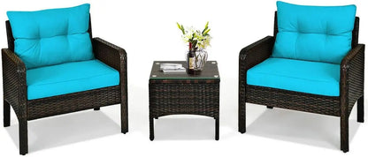 3 Pieces Patio Furniture Set Outdoor Rattan Wicker Coffee Table & Chairs Set with Seat Cushions Patio Conversation