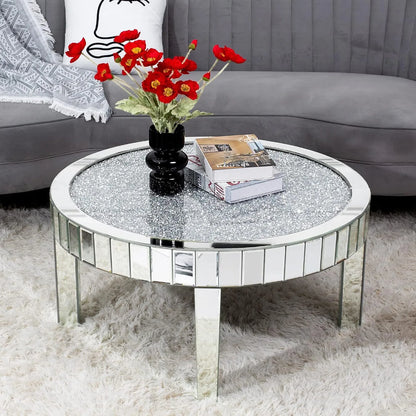 Luxury Coffee Table 80CM Round Mirrored Center Table with Crystal Diamonds, Inlay Accent Side Table for Living Room, Bedroom