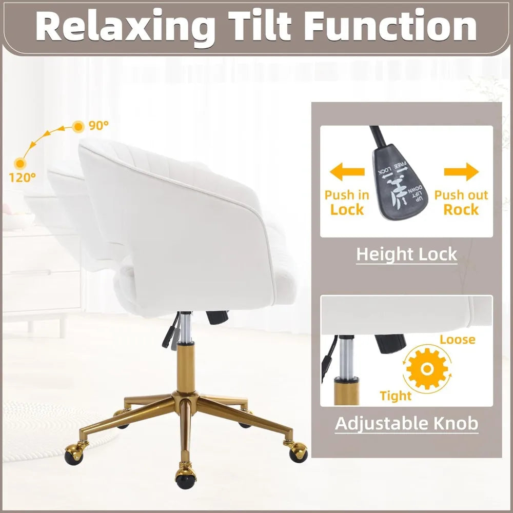 Desk Chair with Wheels, Velvet Home Office Chair, Swivel Armchair Gold Base, Upholstered Modern Accent Chairs, Back Incline