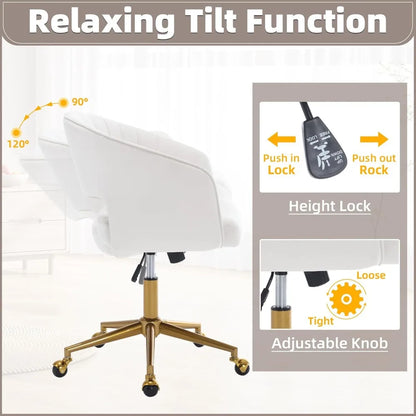 Desk Chair with Wheels, Velvet Home Office Chair, Swivel Armchair Gold Base, Upholstered Modern Accent Chairs, Back Incline