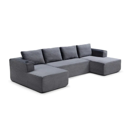 132-Inch boneless sofa, modern corduroy U-shaped modular section sofa, comfortable sofa with cup holder