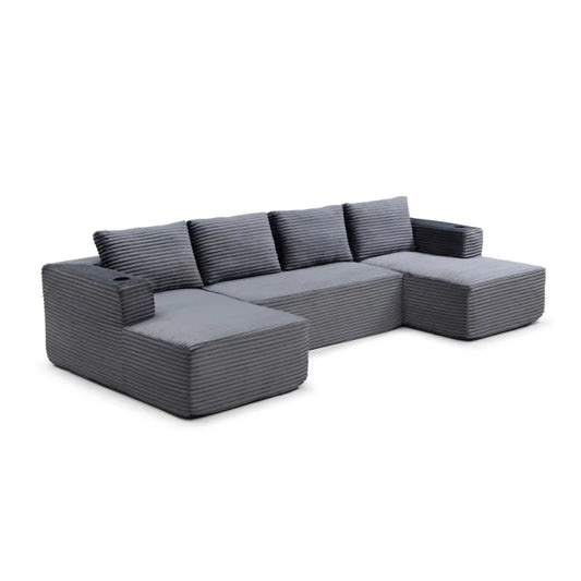 132-Inch boneless sofa, modern corduroy U-shaped modular section sofa, comfortable sofa with cup holder
