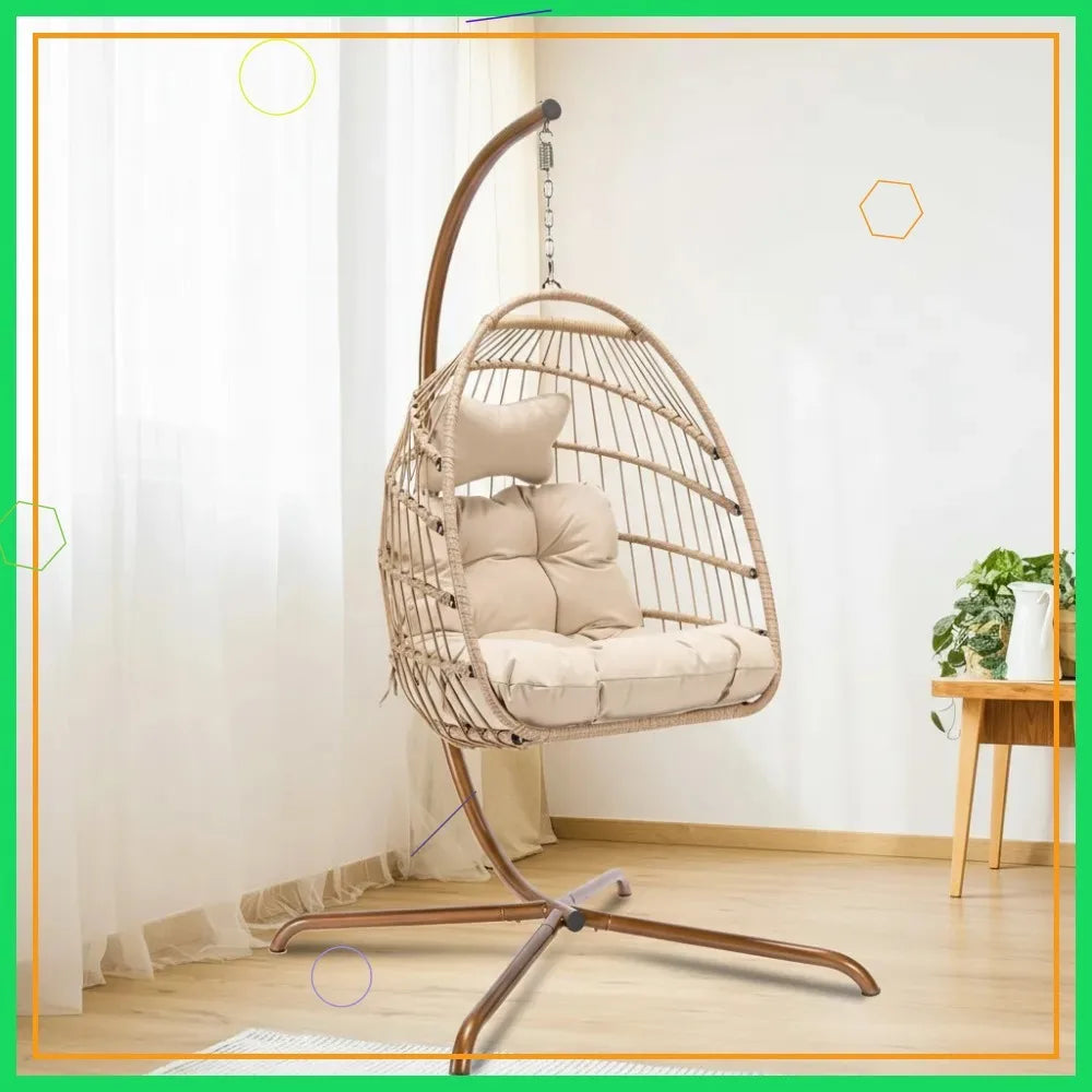 Cozy Hanging Egg Chair with Stand, Indoor Outdoor Wicker Swing with Cushion, 350lbs Capacity for Patio Deck Balcony