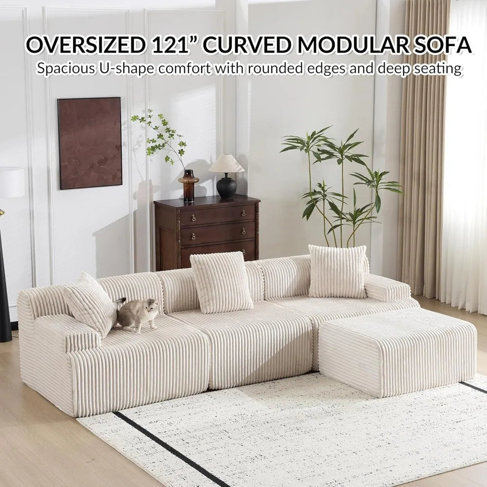 Modular Sectional Sofa in Corduroy, L-Shaped Cloud Couch with Ottoman, Deep Seating Living Room Furniture, Wide and Comfortable