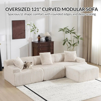 Modular Sectional Sofa in Corduroy, L-Shaped Cloud Couch with Ottoman, Deep Seating Living Room Furniture, Wide and Comfortable