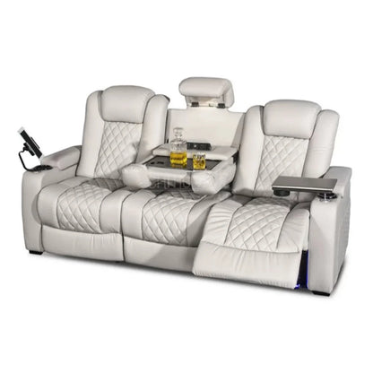Luxury Dual Motors Power Reclining Sofa with LED Lighting, USB, Hidden Storage, Fold-Down Table & Tray – 3-Seat Recliner Sofa