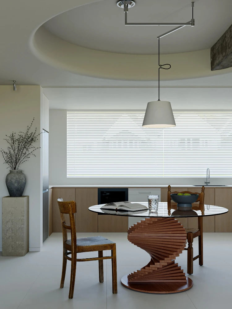 Italian retro arc design tempered glass round table light luxury special-shaped ash solid wood rotating ladder dining table