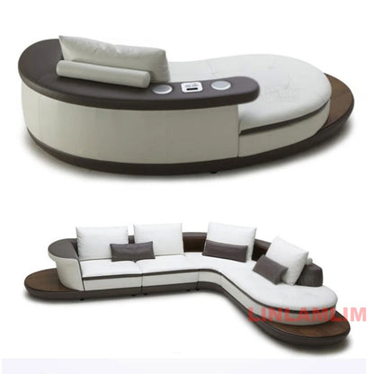 Modern Luxury Genuine Leather Sectional Sofa Set with Speaker and USB, U-Shaped Design Living Room Couch with Storage Shelves