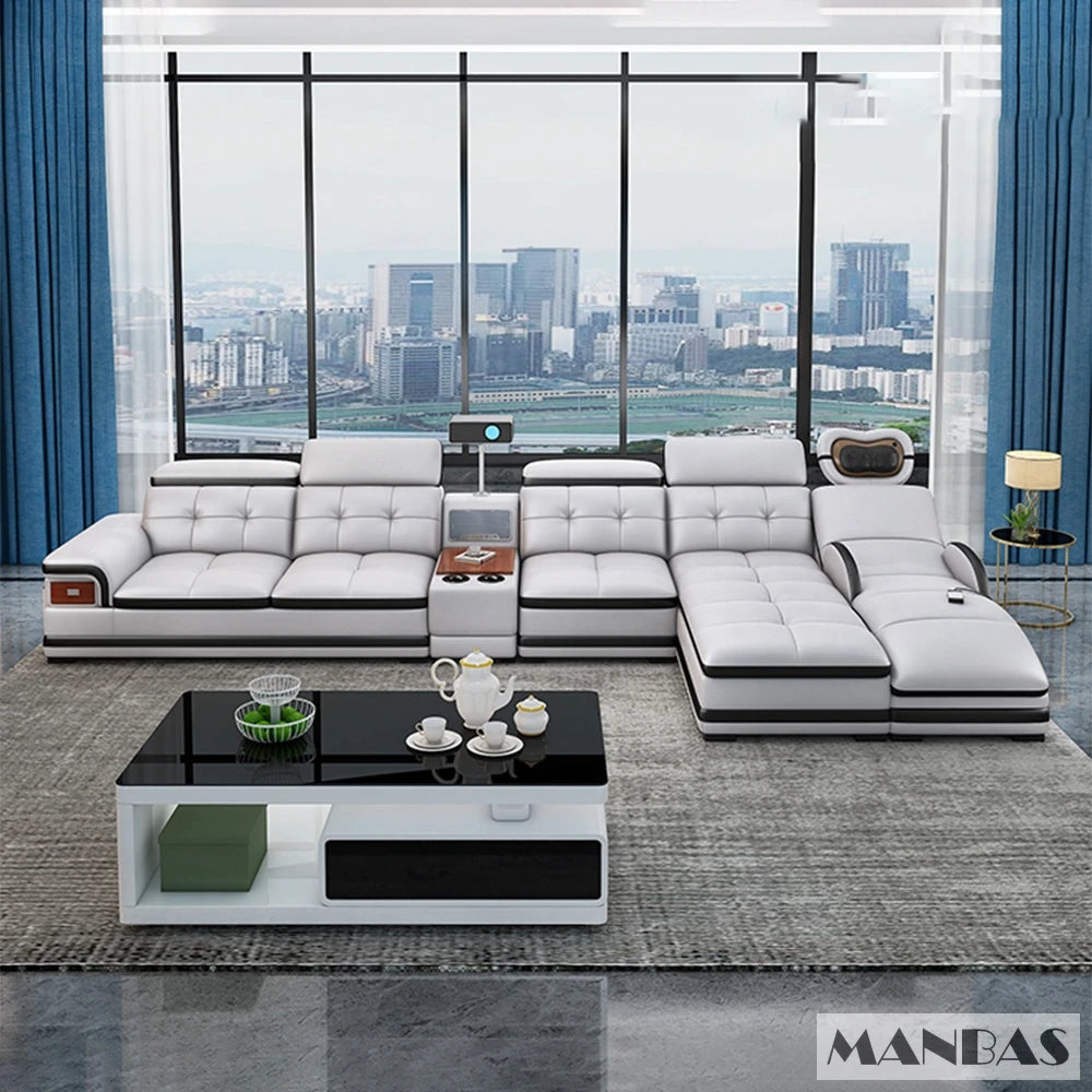 Linlamlim Luxury Genuine Leather Sectional Sofa with Adjustable Headrests, Projector, Speaker and Storage for Living Room Couch