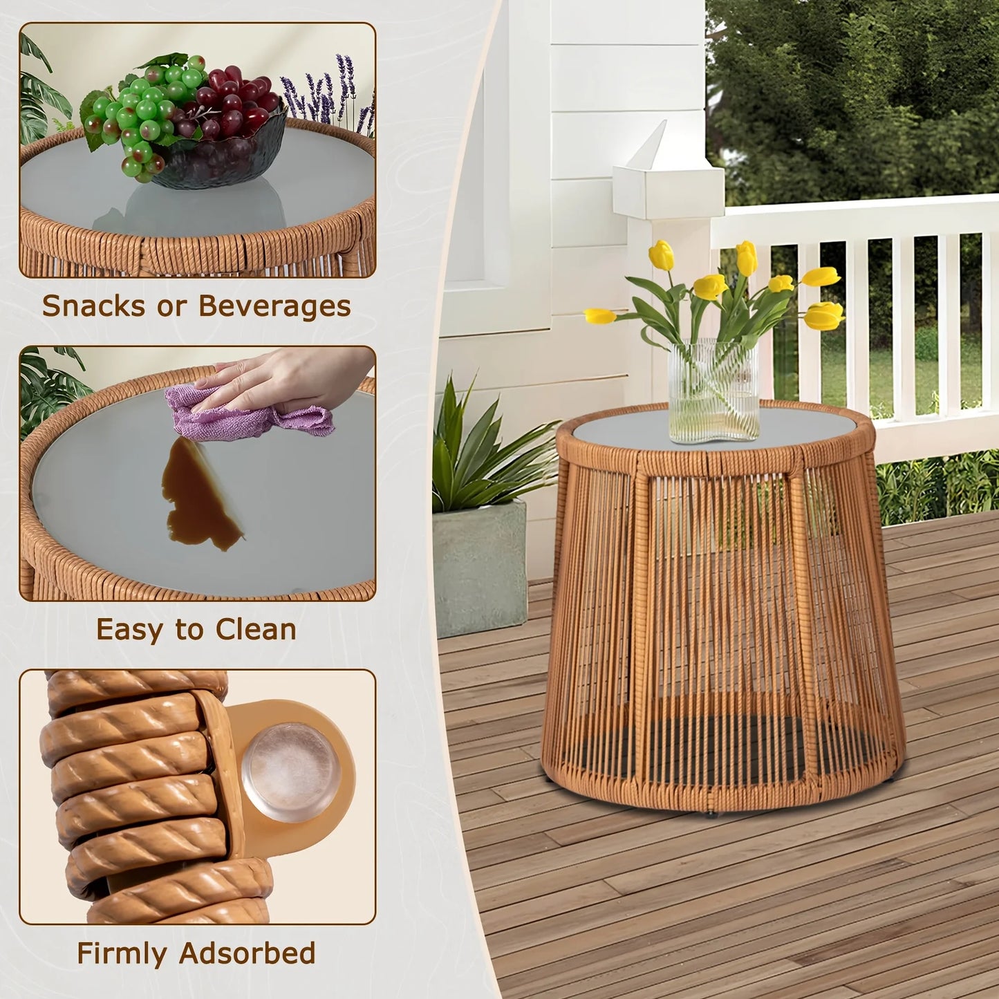 Boho-Inspired 3-Piece Outdoor Patio Set: Wicker Conversation Chairs with Beige Cushions + Round Tempered Glass Side Table — Lightweight, Weather-Resistant Design for Garden, Balcony, Deck or Porch Use