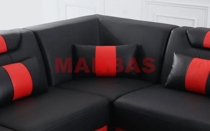 Modern LED Light Genuine Leather Sectional Sofa Set with Storage Shelves, USB Charging Ports, Cup Holder and Contemporary Design